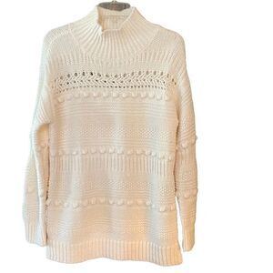Lou & Grey Sz XS Beige Chunky Knit Pom Pom Skiing Fisherman High Neck Sweater